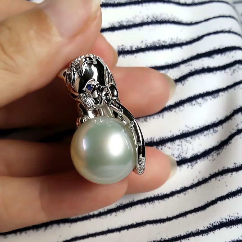 Pendentif Chat - Perle d'Australie, or, diamants - Kingdom of Animals - 4