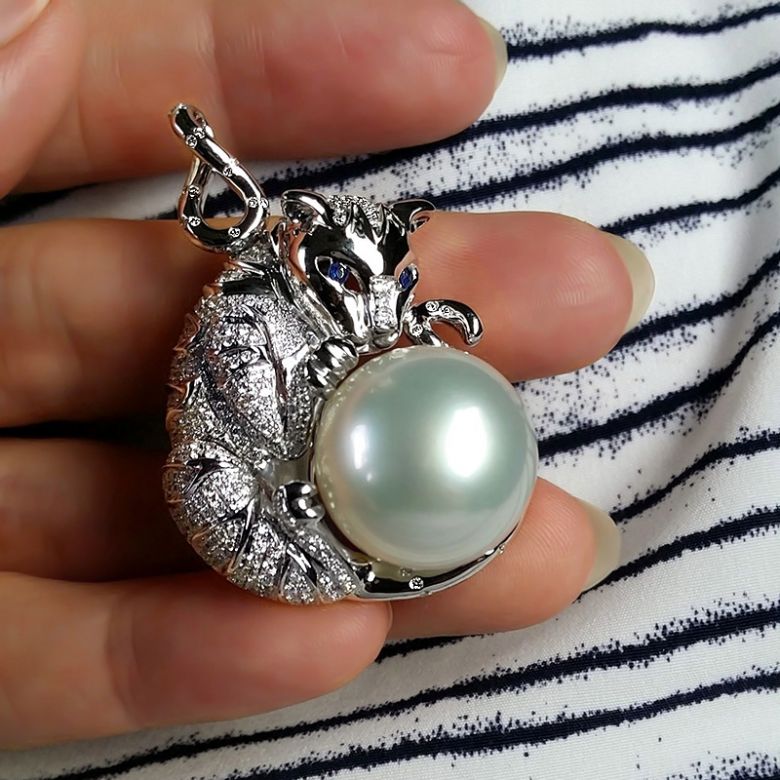 Pendentif Chat - Perle d'Australie, or, diamants - Kingdom of Animals - 6