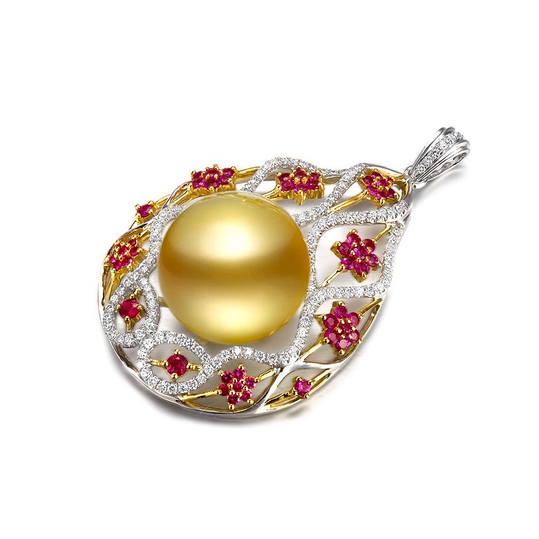 Pendentif souverain - Perle Australie - Deux ors, diamants, saphirs - 2