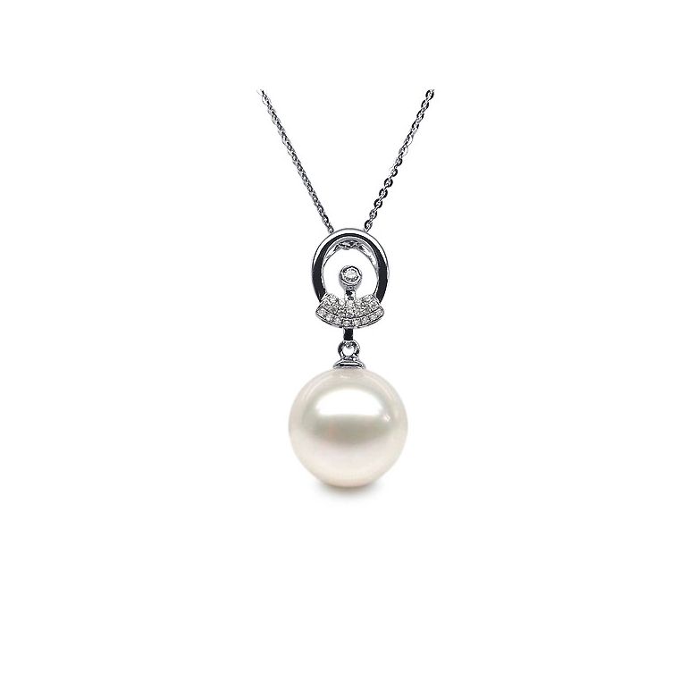 Pendentif hublot - Or blanc et perle de culture - Diamants - 2
