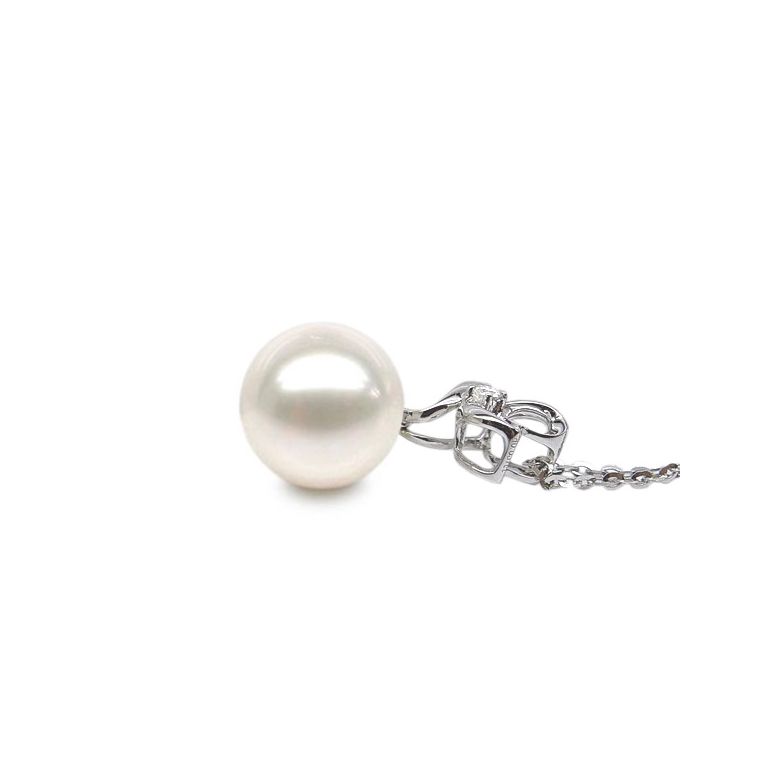 Pendentif or blanc 3 pétales de fleur - Perle de culture, diamant - 5