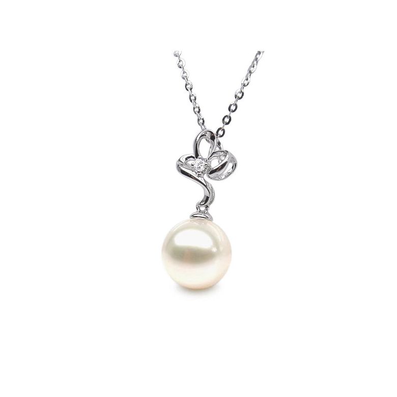 Pendentif or blanc 3 pétales de fleur - Perle de culture, diamant - 3