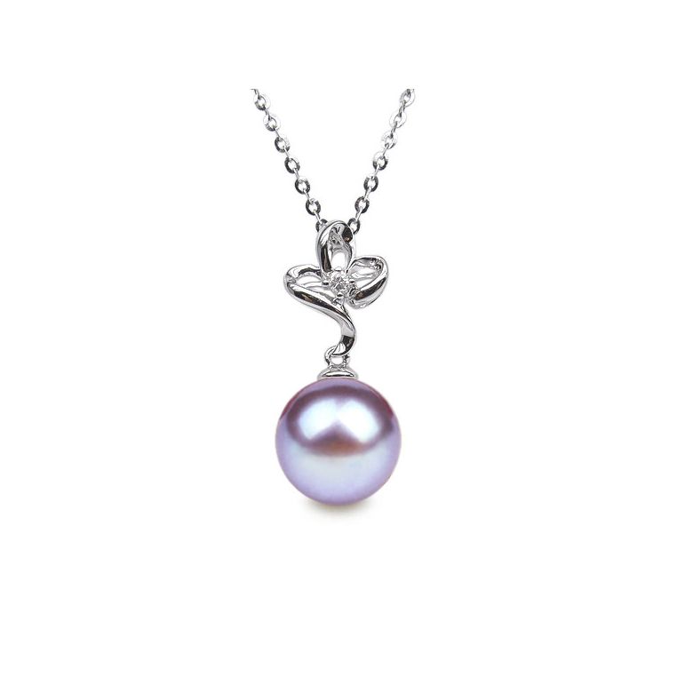 Pendentif or blanc 3 pétales de fleur - Perle de culture, diamant - 9