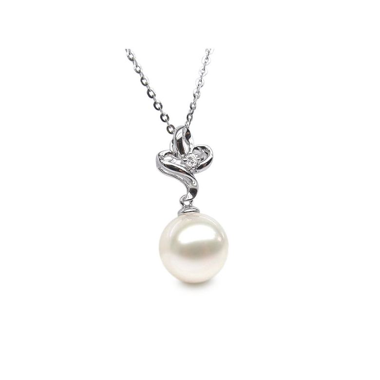 Pendentif or blanc 3 pétales de fleur - Perle de culture, diamant - 4