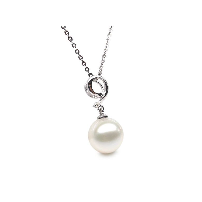 Pendentif chiffre 9 - Perle d'eau douce blanche - Or blanc, diamant - 3