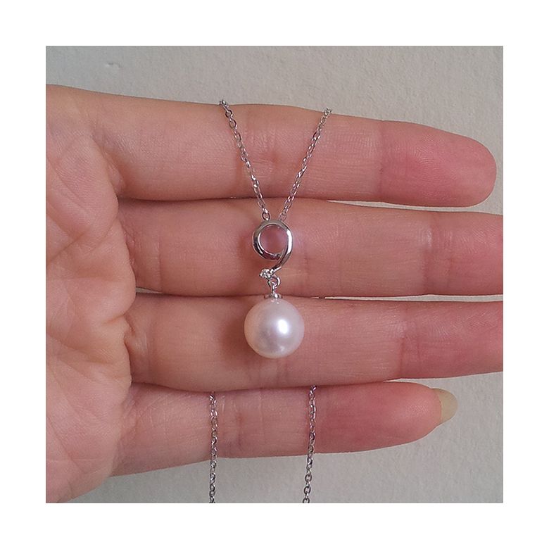 Pendentif chiffre 9 - Perle d'eau douce blanche - Or blanc, diamant - 5