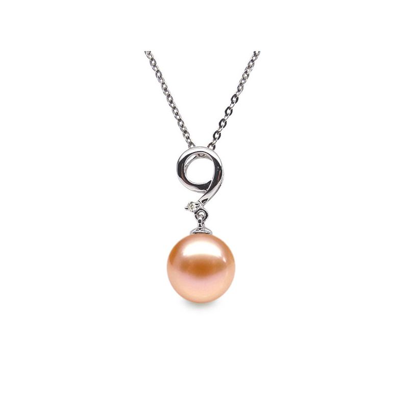 Pendentif chiffre 9 - Perle d'eau douce blanche - Or blanc, diamant - 9