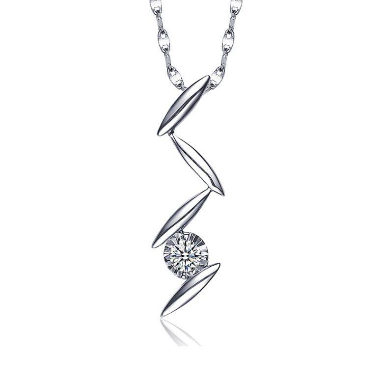 Pendentif diamant or blanc - Pétales stylisés fleur de chrysanthème - 1