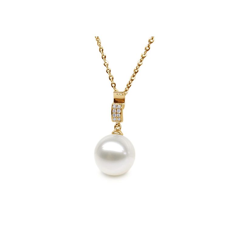Pendentif bélière pavée 8 diamants - Or jaune, perle culture blanche - 2