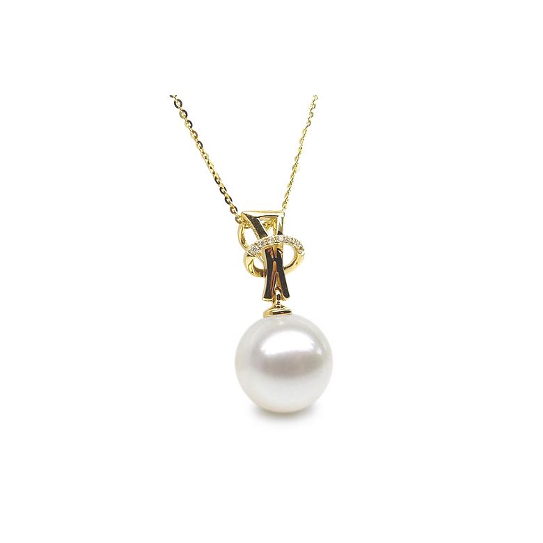 Pendentif auréole or jaune, diamants sertis - Perle d'eau douce - 1