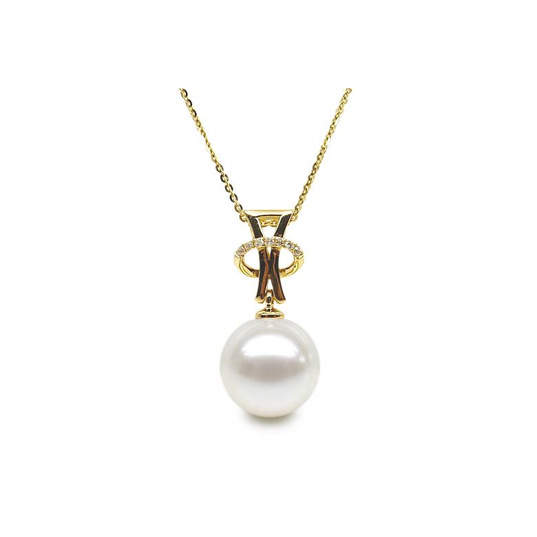 Pendentif auréole or jaune, diamants sertis - Perle d'eau douce - 2