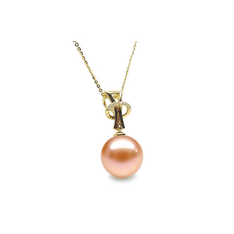 Pendentif auréole or jaune, diamants sertis - Perle d'eau douce - 6