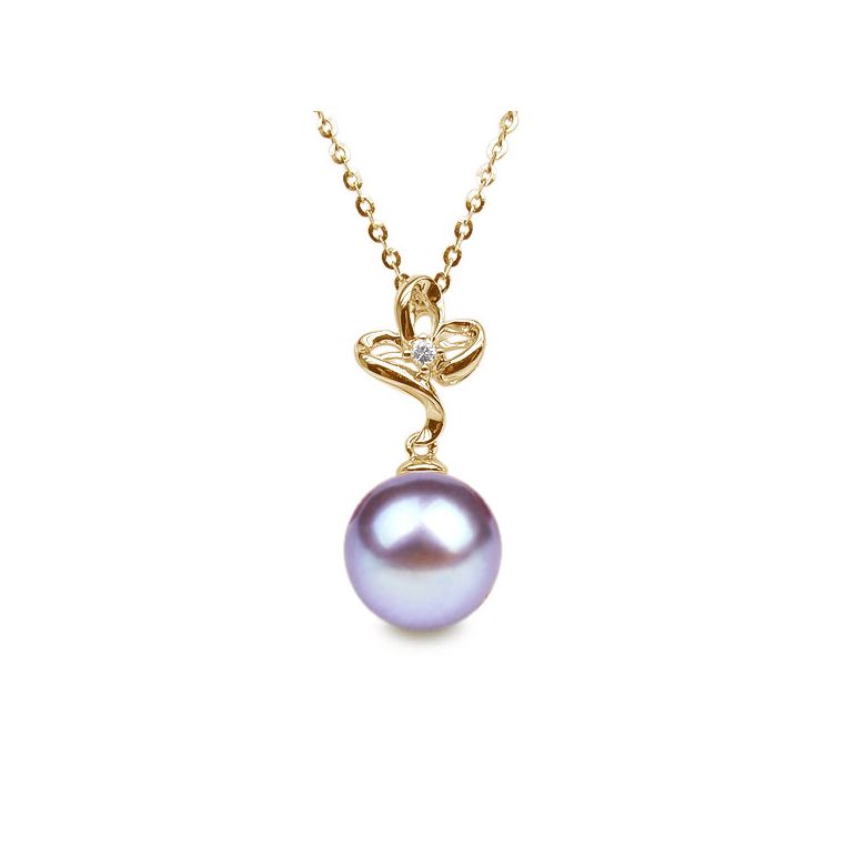 Pendentif fleur 3 pétales or jaune - Coeur diamant et perle blanche - 8