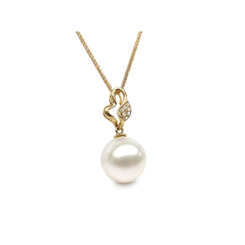 Pendentif petite pousse de printemps - Perle, or jaune et diamants - 2