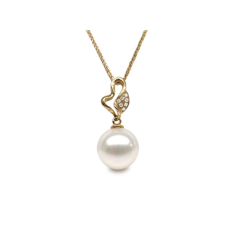 Pendentif petite pousse de printemps - Perle, or jaune et diamants - 4