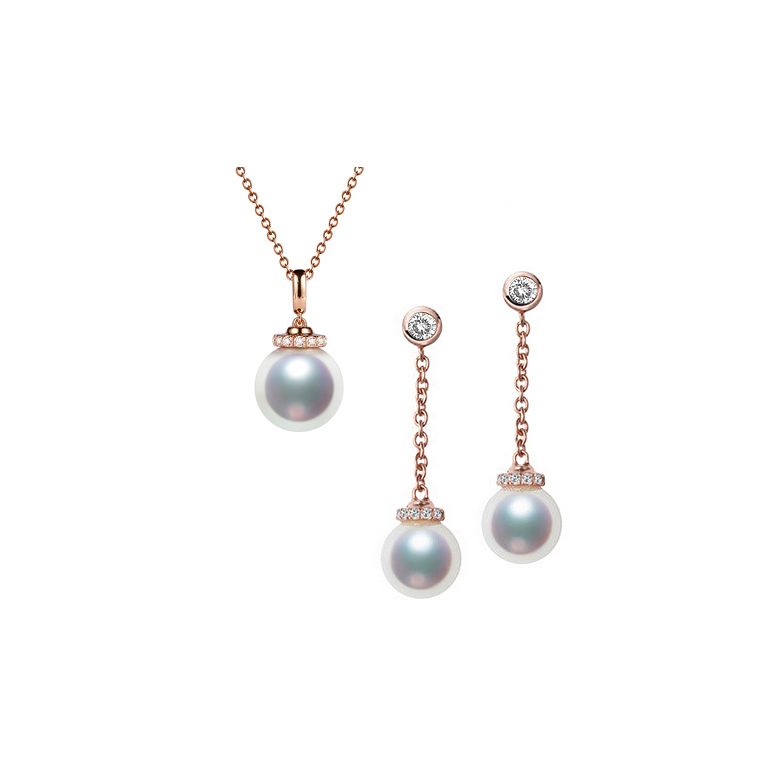 Pendentif et Boucles Style princesse. Perles Akoya, Or rose, diamants. - 1