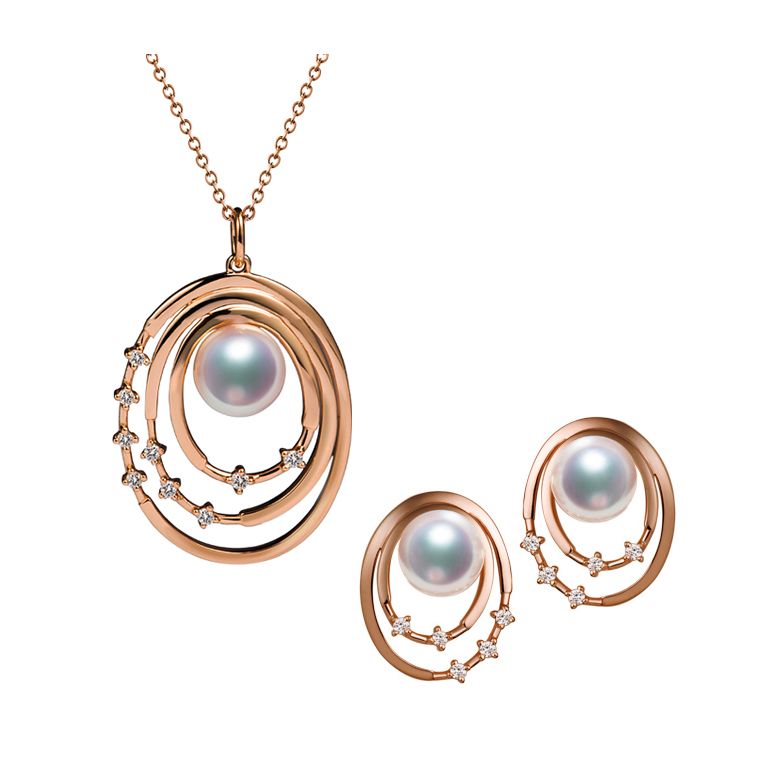 Pendentif et Boucles Kaneo. Perles Akoya, Or rose, diamants. Motifs cerclés - 1