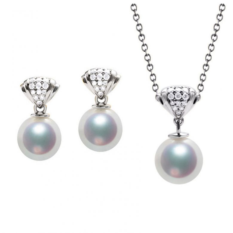 Pendentif, Bague et Pendants d'Oreilles Sarah Bernhardt. Perles Akoya, Or jaune, Diamants - 3
