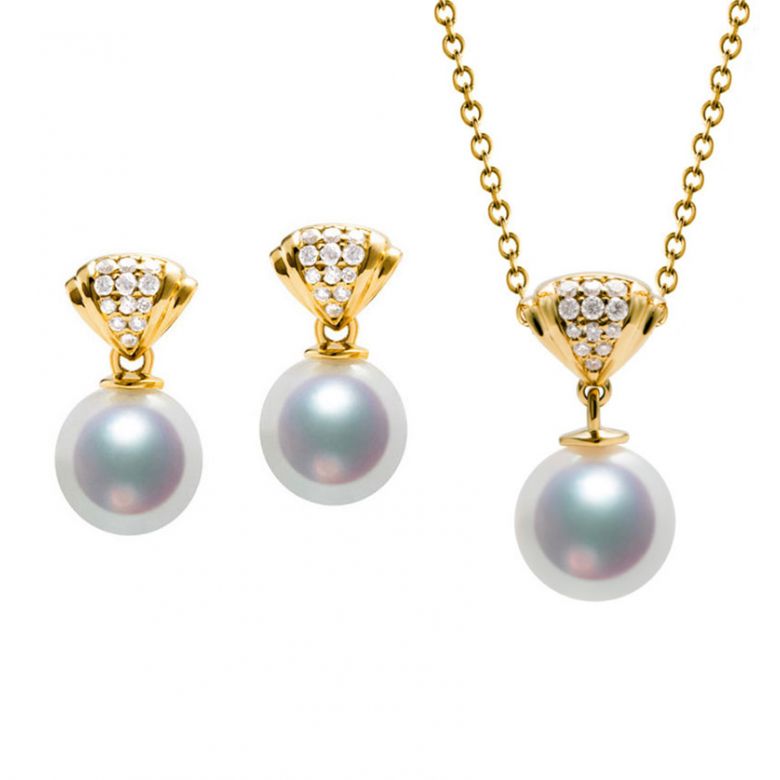 Pendentif, Bague et Pendants d'Oreilles Sarah Bernhardt. Perles Akoya, Or jaune, Diamants - 3