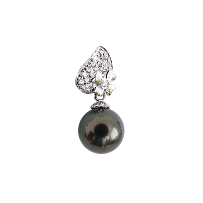 Pendentif fleur d'églantine - Perle de Tahiti - Or blanc, diamants - 1