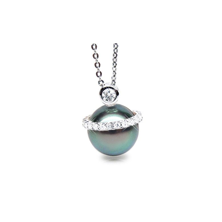 Pendentif de style - Cerclage mobile - Perle Tahiti, or blanc, diamants - 1