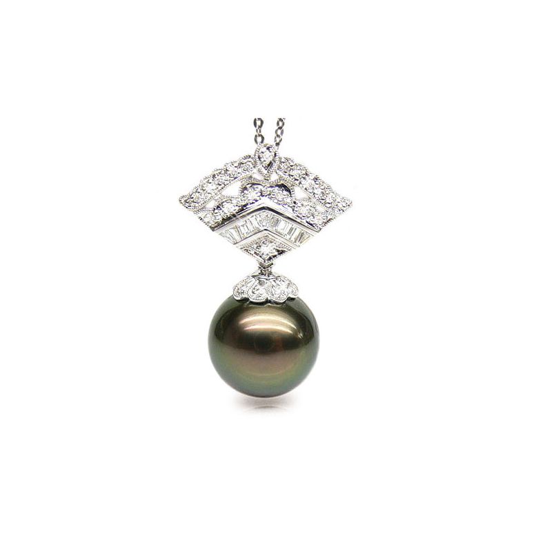 Pendentif perle de Tahiti - Or blanc - Diamants princesses, brillants - 1