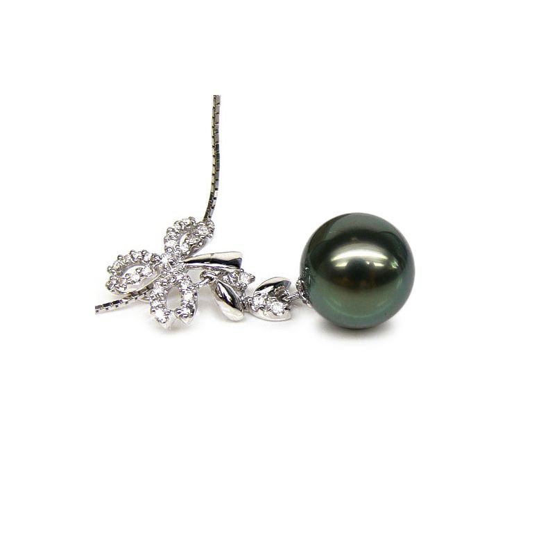 Pendentif création florale - Perle de Tahiti - Or blanc, diamants - 1