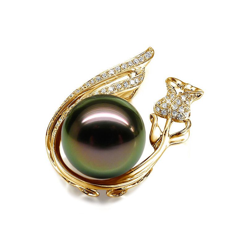 Pendentif rose - Perle Tahiti noire - Or jaune, diamants - La vie en rose - 2