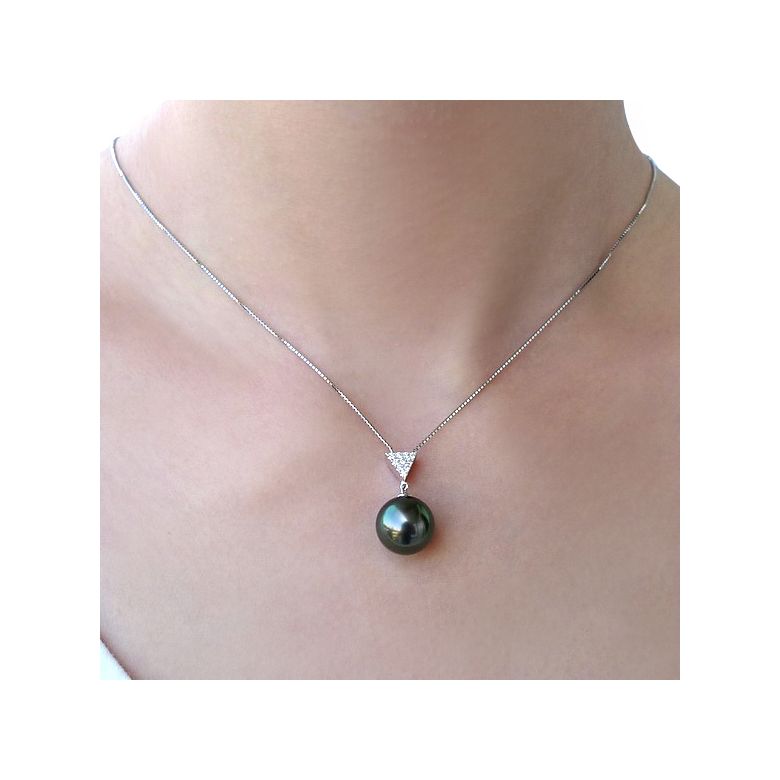 Collier pendentif or blanc, perle Tahiti - Pendant triangle nacré - 3