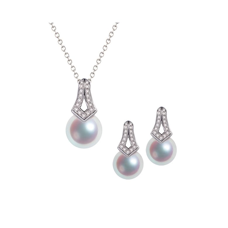 Pendentif et Boucles Michiko. Perles Akoya, Or blanc, diamants - 1