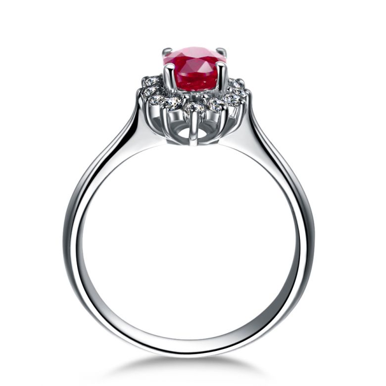 Bague rubis, diamants monture or blanc - Création florale classique - 6