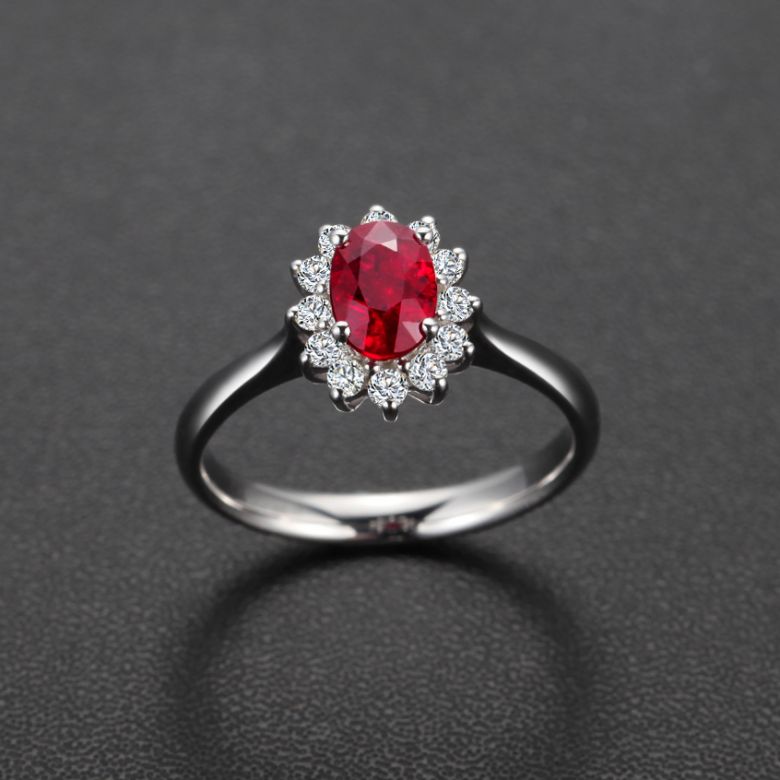 Bague rubis, diamants monture or blanc - Création florale classique - 3