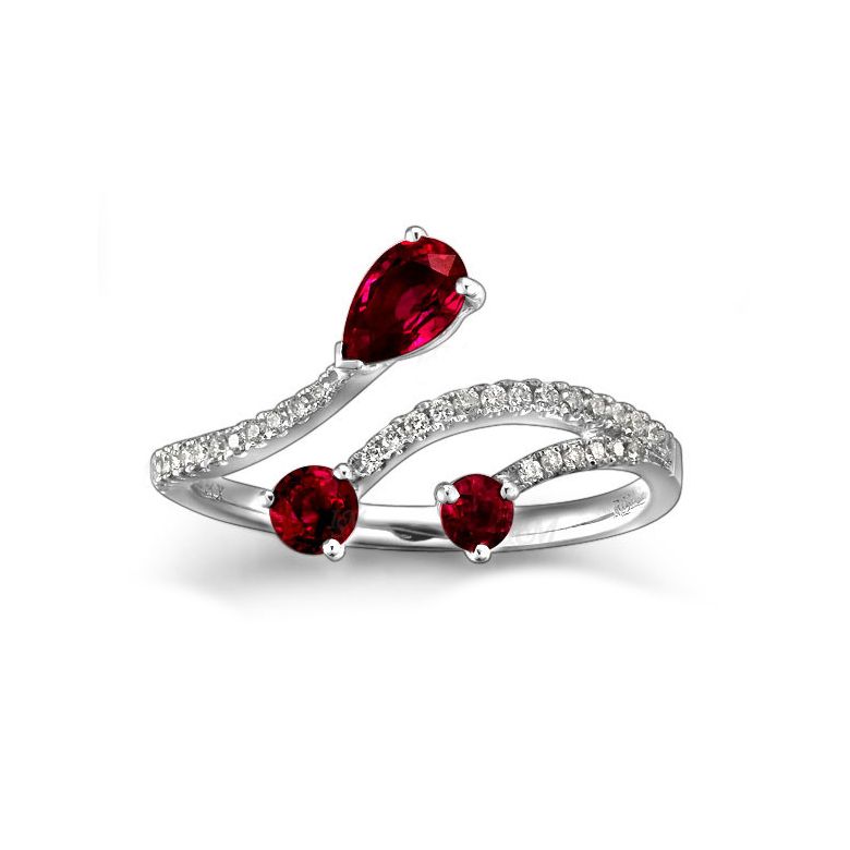 Bague larmes de rubis - Diamants, or blanc - 2