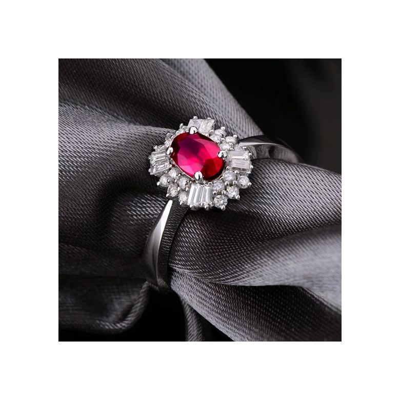 Bague fiançailles rubis, diamants or blanc - 3