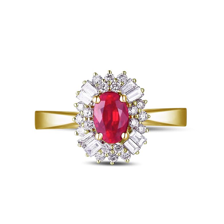 Bague fiançailles rubis, diamants or jaune - 2