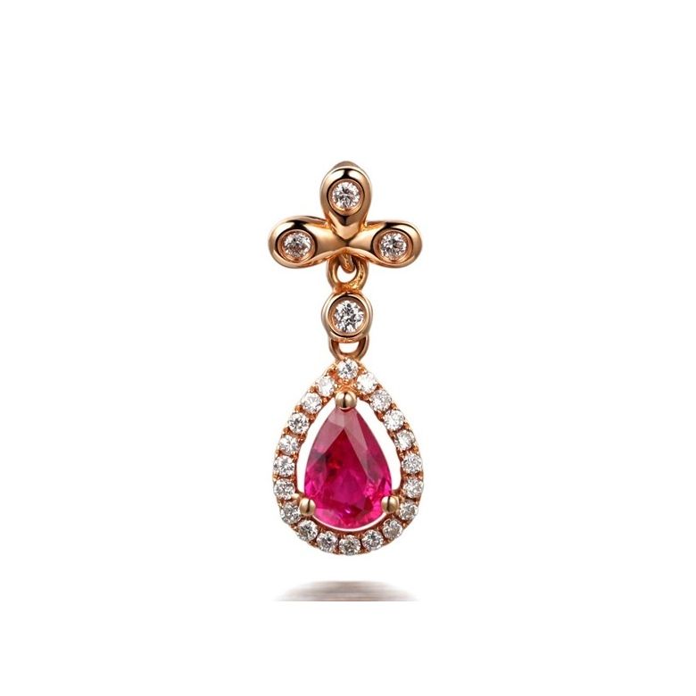 Pendentif croix latine or rose - Rubis et diamants en pendeloque - 1