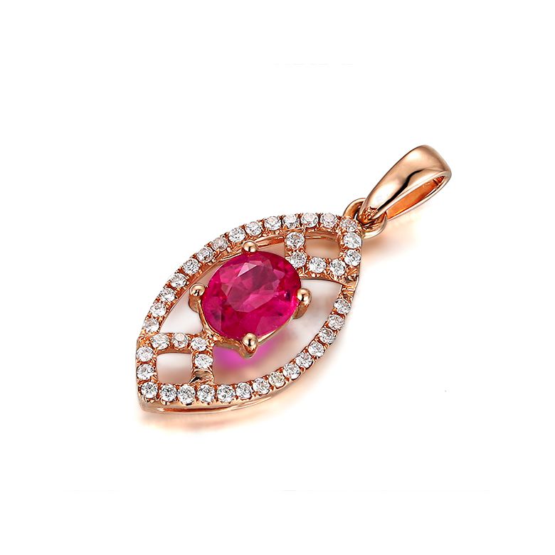 Pendentif ovalesque rubis or rose. Sertissage diamants  - 2