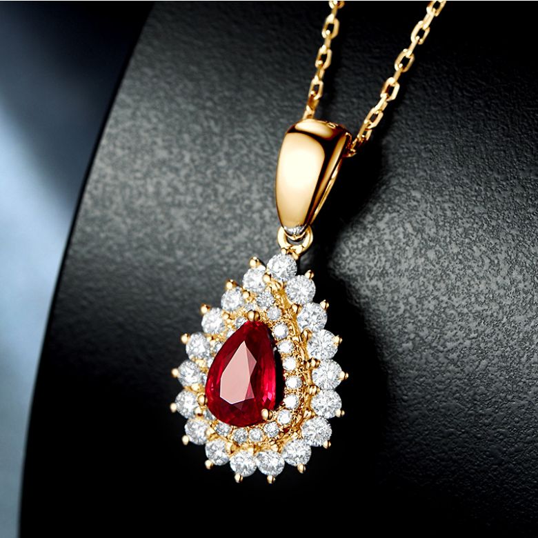 Pendentif rubis rouge vif taillé poire. Diamants sertis et Or rose - 2