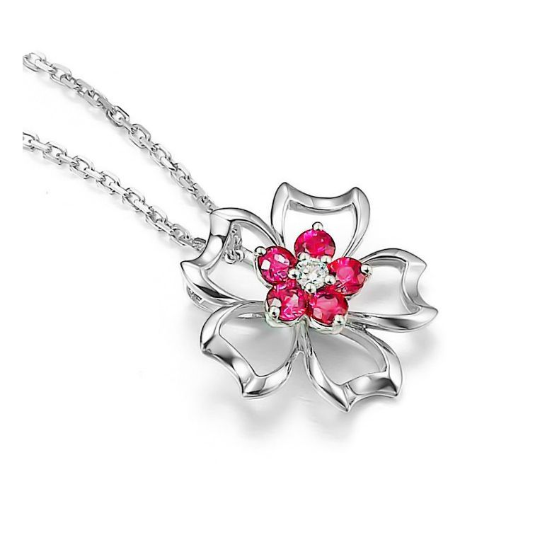 Pendentif fleur 5 feuilles - Or blanc 18 carats - Rubis 0.30 ct - 3