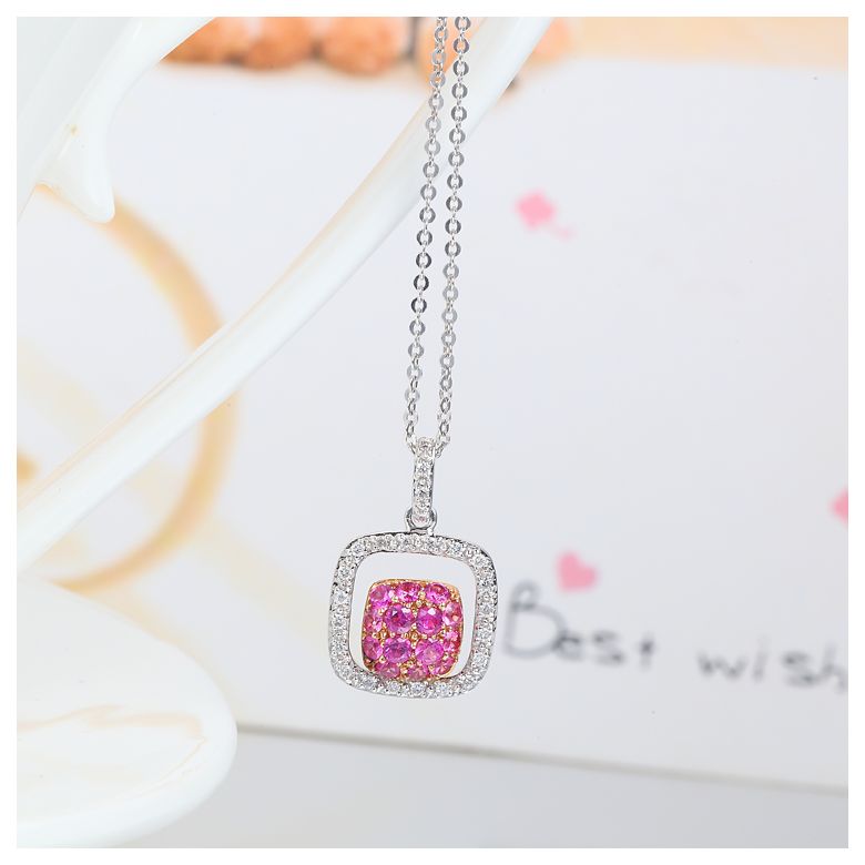 Pendentif carré - 2 carrés superposés - Rubis et diamants en pendeloque - 4