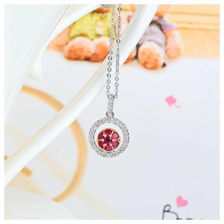 Pendentif rond en or blanc - Rubis et diamants en pendeloque double - 3