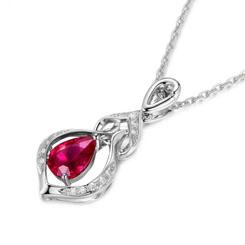 Pendentif rubis 1 carat forme poire. Or blanc 18cts, diamants  - 4
