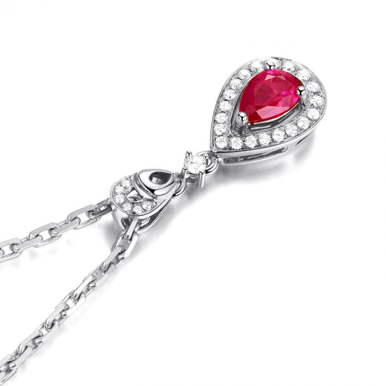 Pendentif princesse Or blanc 18cts - Rubis poire et diamants - 9