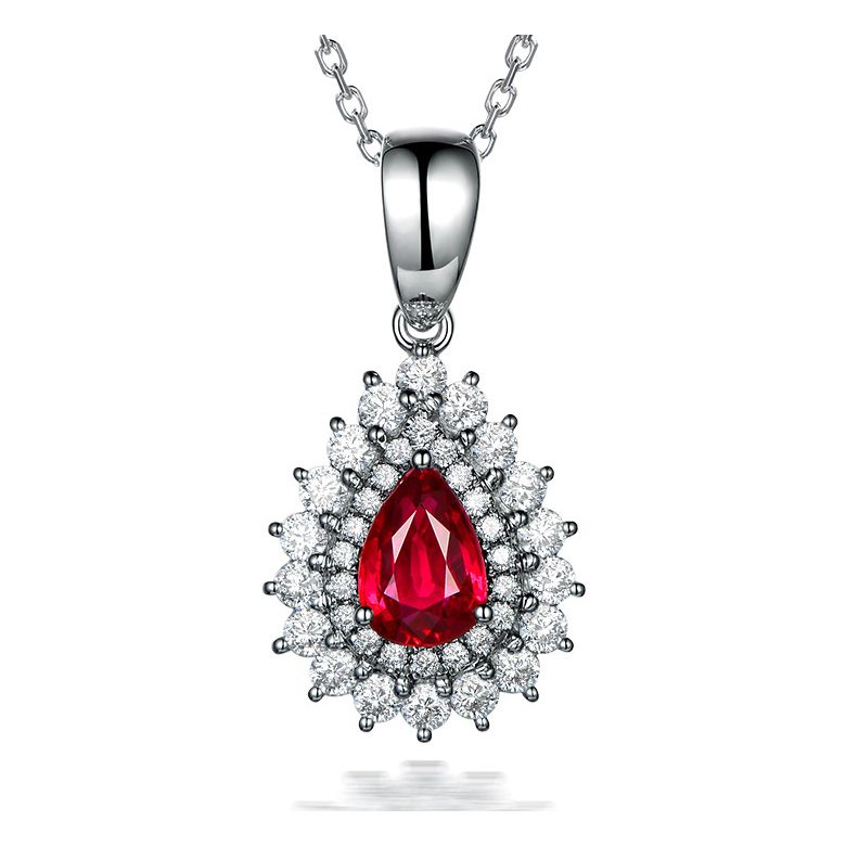 Pendentif rubis rouge vif taillé poire. Diamants sertis et Or blanc - 1