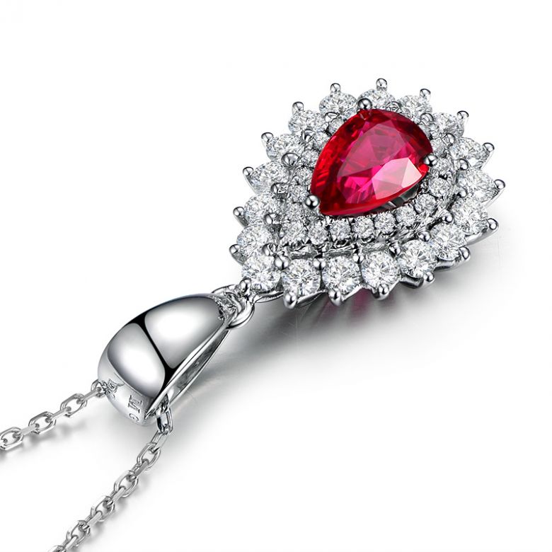 Pendentif rubis rouge vif taillé poire. Diamants sertis et Or blanc - 3