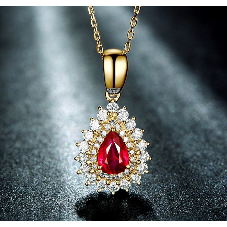 Pendentif rubis rouge vif taillé poire. Diamants sertis et Or jaune - 6