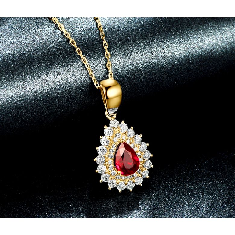 Pendentif rubis rouge vif taillé poire. Diamants sertis et Or jaune - 4