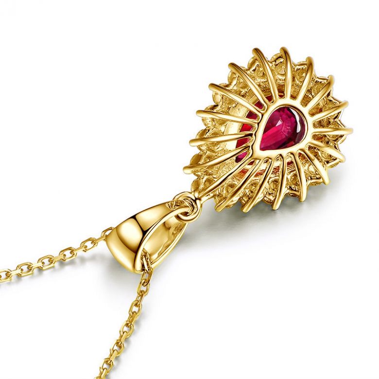Pendentif rubis rouge vif taillé poire. Diamants sertis et Or jaune - 8