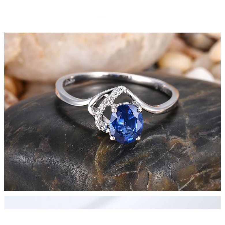 Bague Solitaire - Saphir et Diamants - Or blanc 18 carats - 3