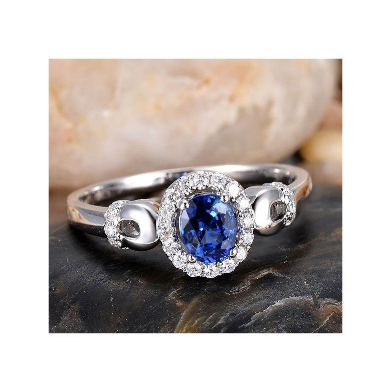 Solitaire en Saphir et Diamants - Bague en Or blanc 18 carats - 3